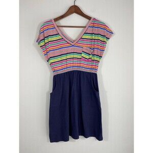Vintage Weavers Striped V-Neck Pocket Dress Colorful Top Navy Skirt Medium